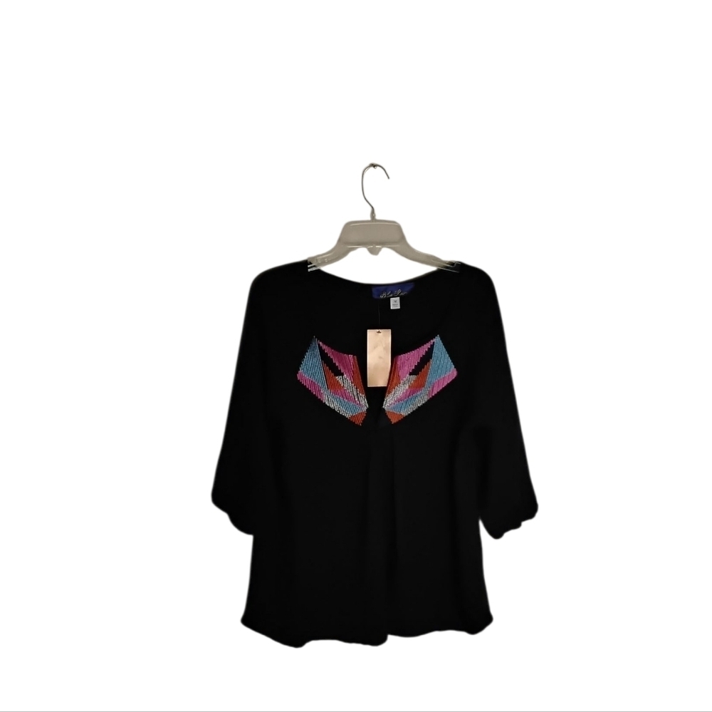 Blue Rain Women's M Navy 3/4 Sleeve Colorful Flowy V-Neck Top